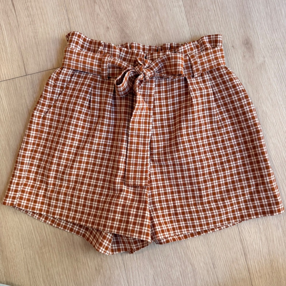 Lottie Moss Rust Orange‎ Plaid Paperbag Waist Shorts High Rise Belted Size M